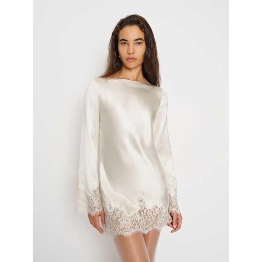 Reformation Ivory Satin Lace-Trim Mini Dress